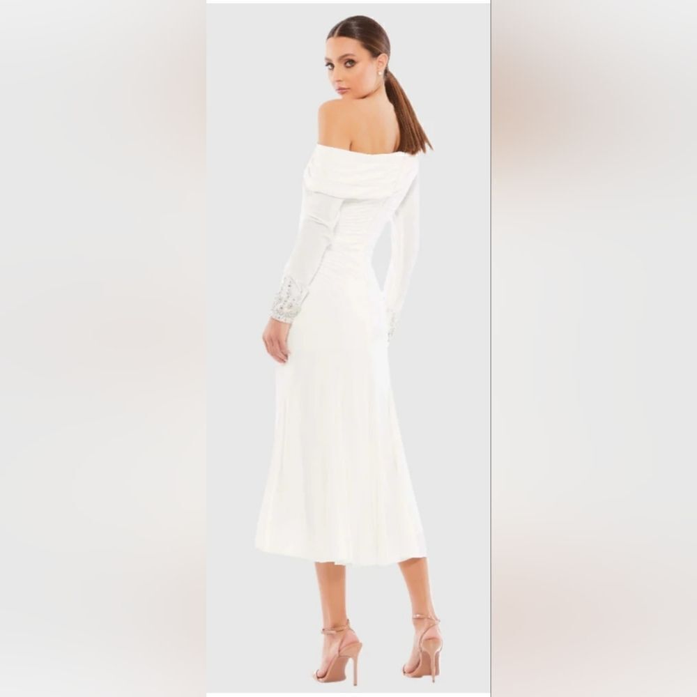 Mac Duggal 26485 Foldover Long Sleeve Jeweled Midi Dress NWT size 4 White - Picture 2 of 7